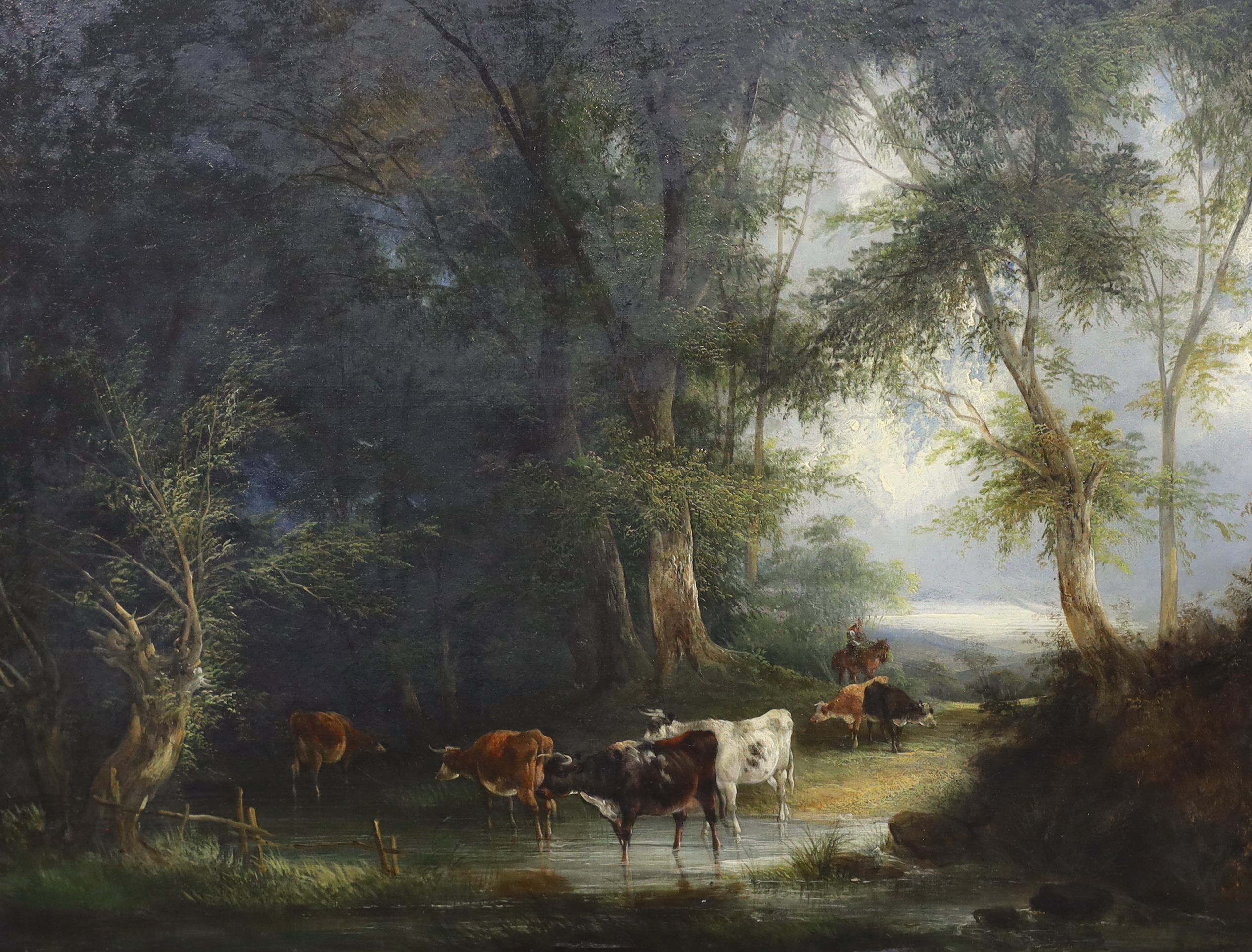 Constant Troyon (French, 1810-1865), Cattle drover in a wooded landscape, oil on canvas, 34 x 45cm